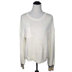Hem & Thread Large Cream Scoopneck Sweater with Rainbow Cuffs